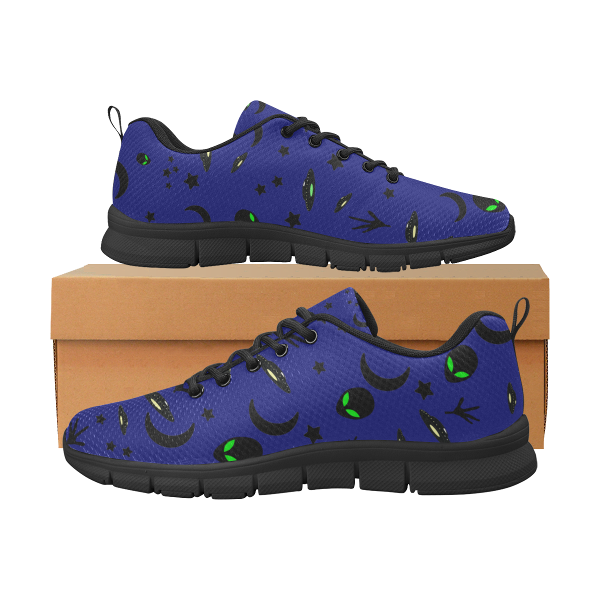 Alien Flying Saucers Stars Pattern (Black/Blue) Women's Breathable Running Shoes/Large (Model 055)
