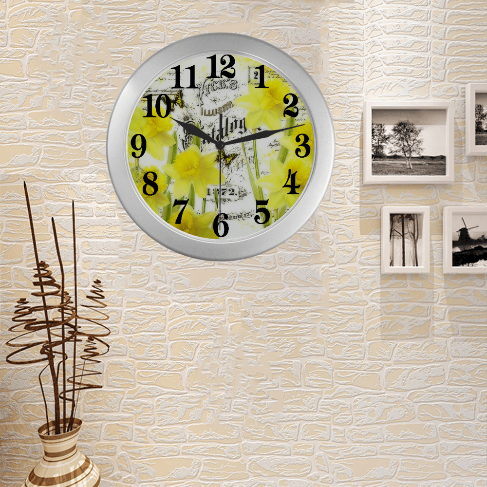 Vintage daffodils Silver Color Wall Clock