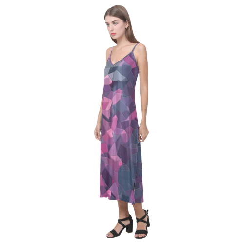 purple pink magenta mosaic #purple V-Neck Open Fork Long Dress(Model D18)