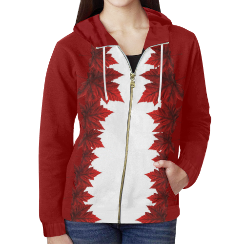 Canada Maple Leaf Zipper Hoodies All Over Print Full Zip Hoodie for Women (Model H14)