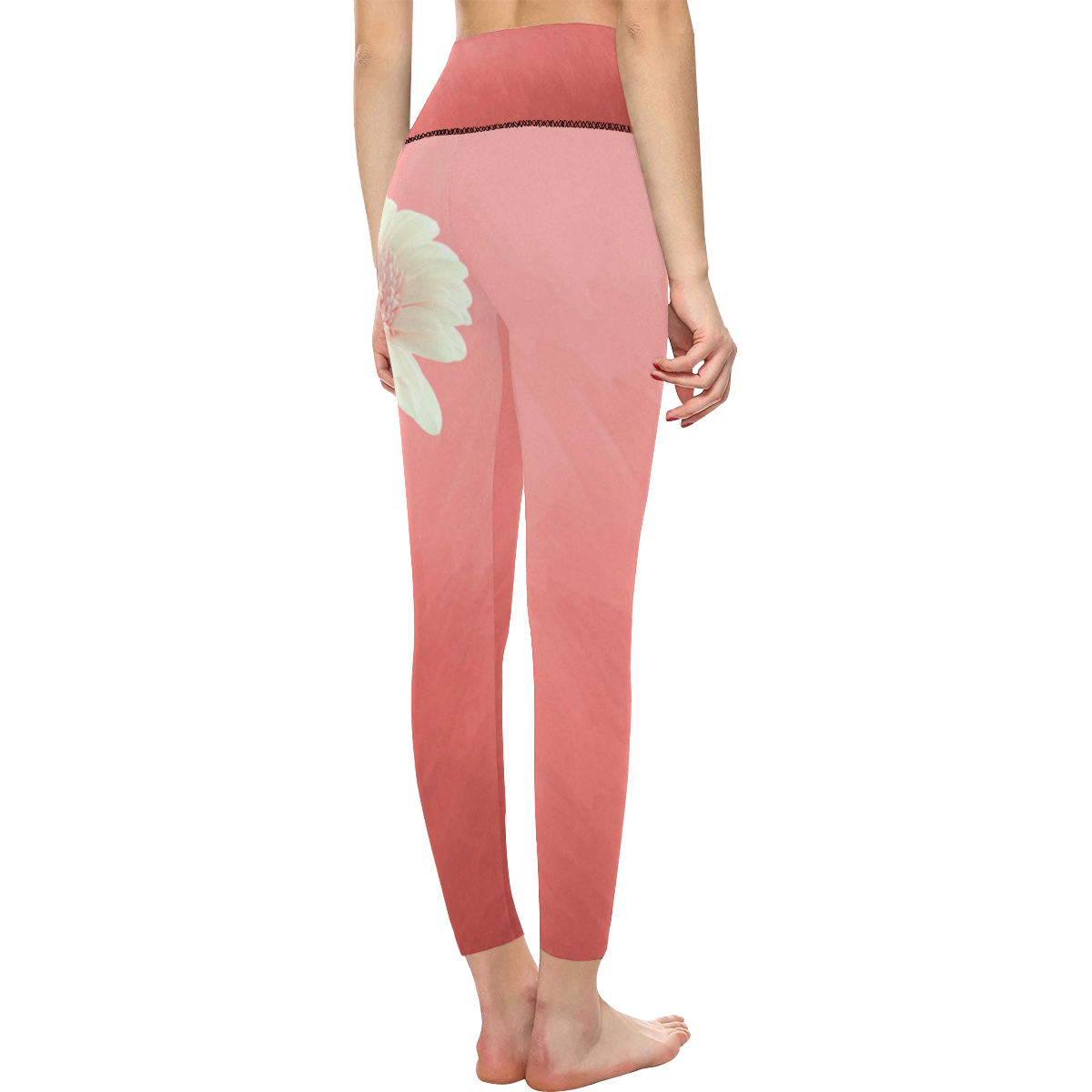 Gerbera Daisy - White Flower on Coral Pink Women's All Over Print High-Waisted Leggings (Model L36)