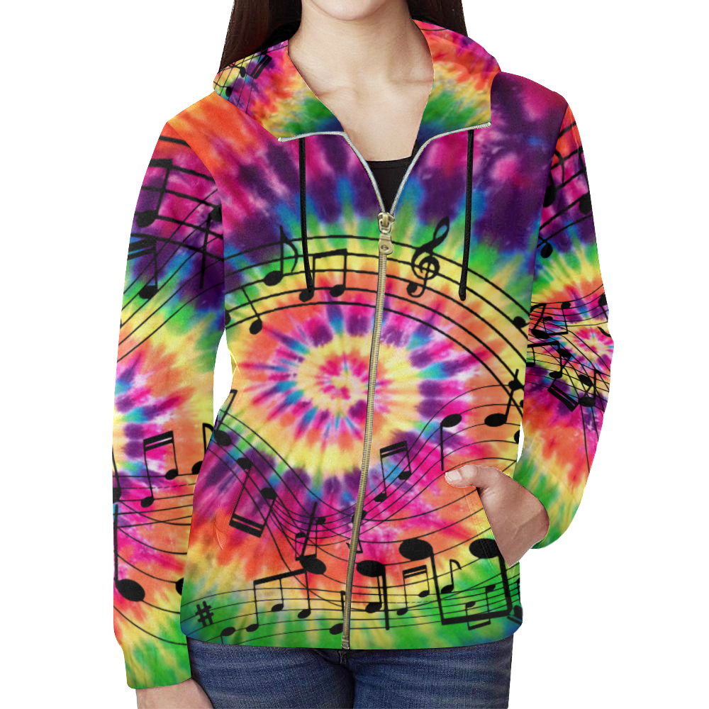 Music Lovers Tie Dye Rainbow All Over Print Full Zip Hoodie for Women (Model H14)