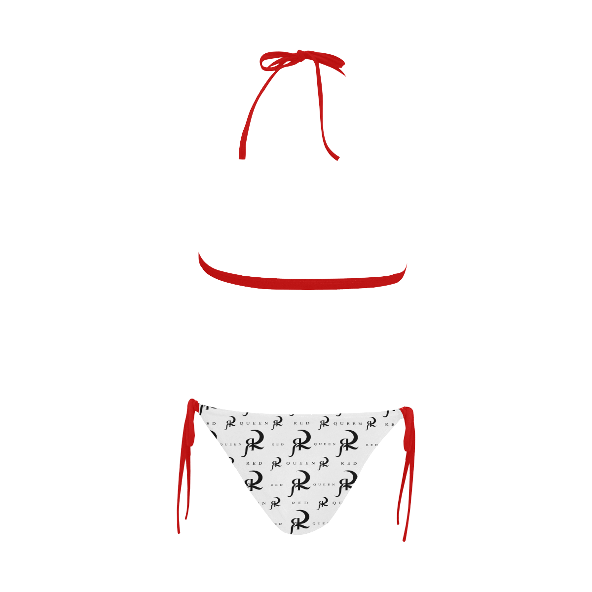 RED QUEEN SYMBOL LOGO PRINT BLACK & WHITE RED LINING Buckle Front Halter Bikini Swimsuit (Model S08)