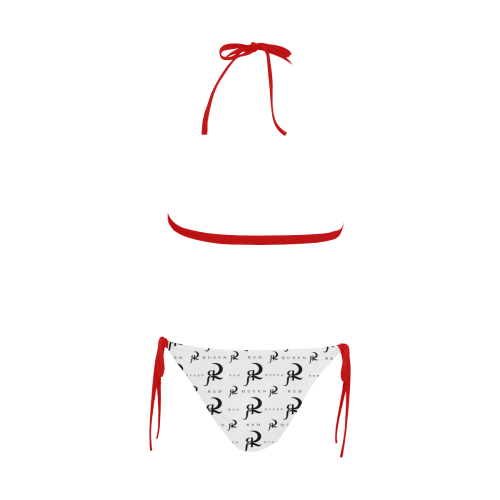 RED QUEEN SYMBOL LOGO PRINT BLACK & WHITE RED LINING Buckle Front Halter Bikini Swimsuit (Model S08)