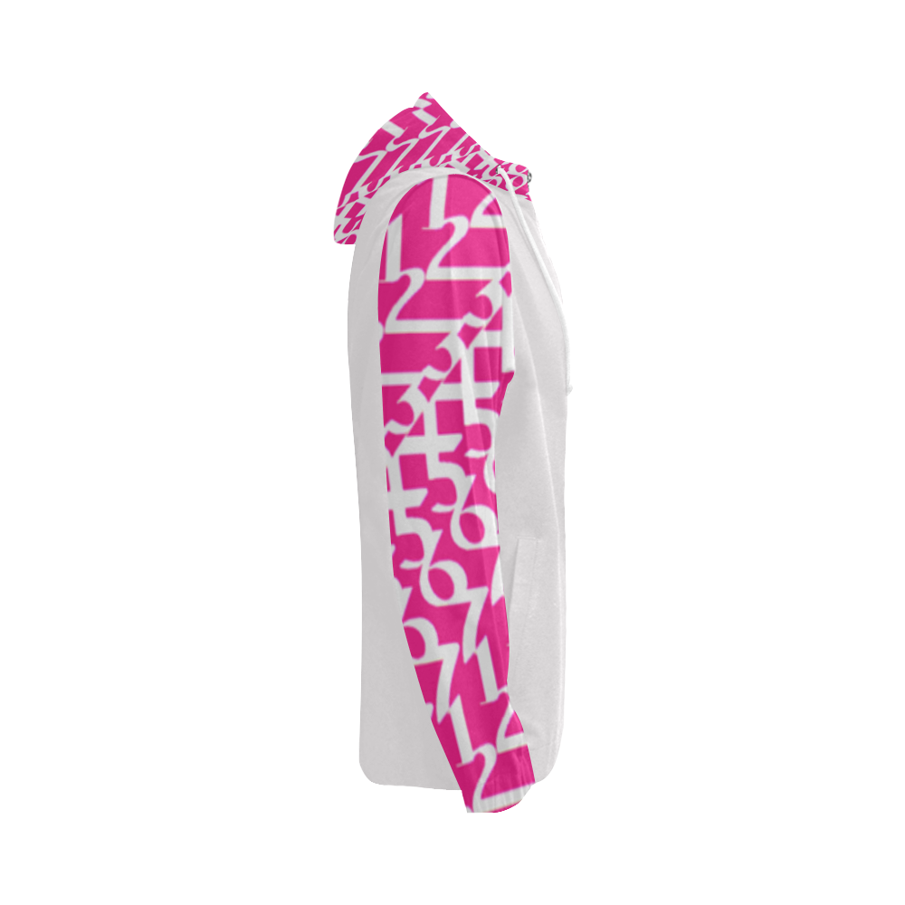 NUMBERS Collection 1234567 White/Pink Flag/Sleeves All Over Print Full Zip Hoodie for Women (Model H14)