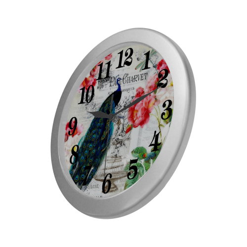 Peacock and roses Silver Color Wall Clock