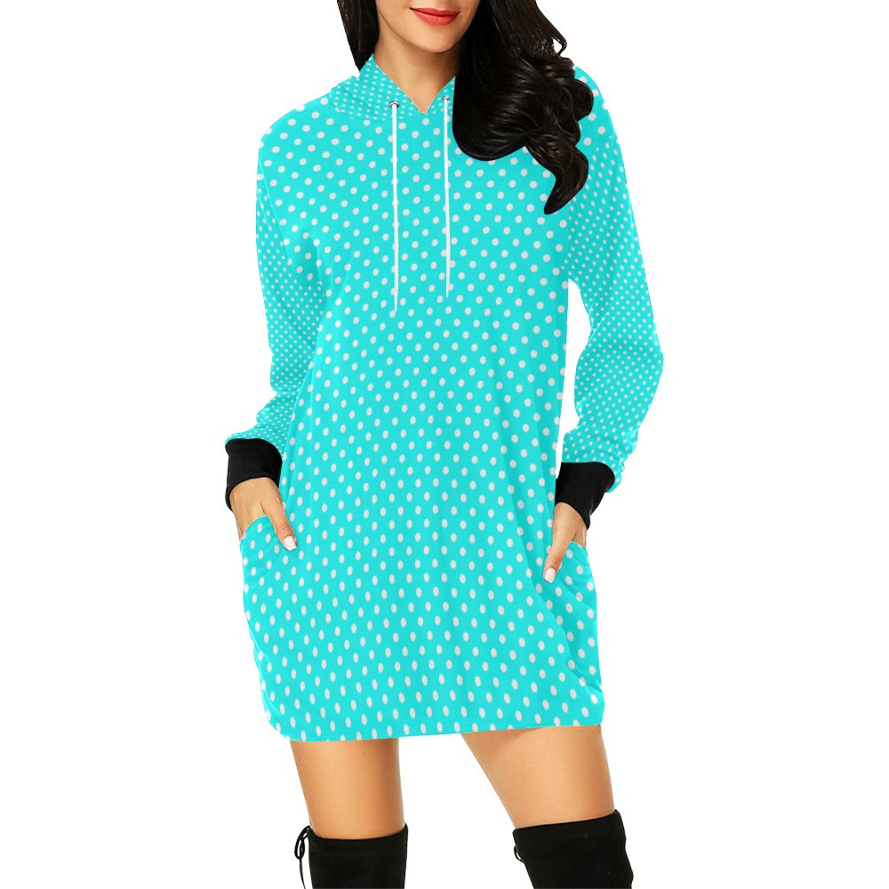 Baby blue polka dots All Over Print Hoodie Mini Dress (Model H27)