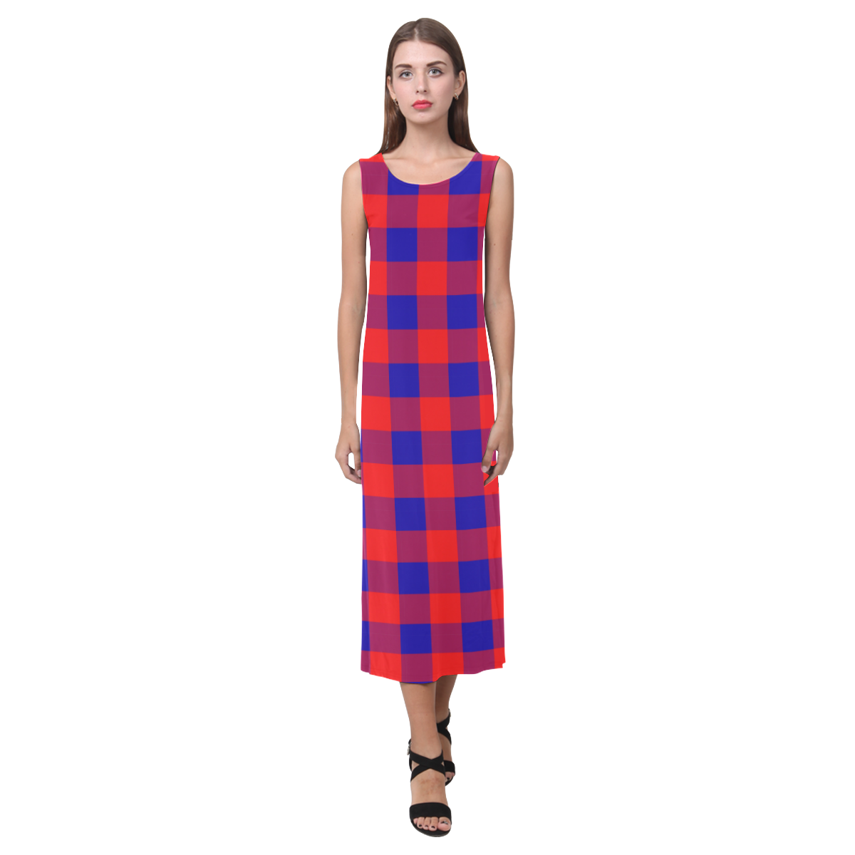Red and Blue Checkered Phaedra Sleeveless Open Fork Long Dress (Model D08)