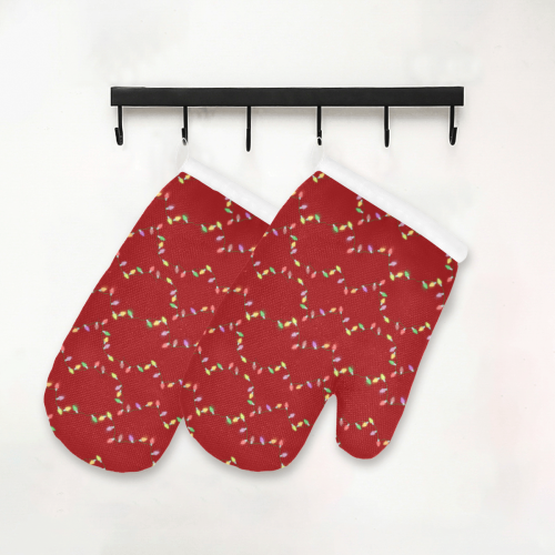 Festive Christmas Lights  on Red Oven Mitt (Two Pieces)