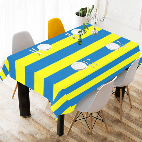 Yellow Blue Stripes Cotton Linen Tablecloth 60" x 90"