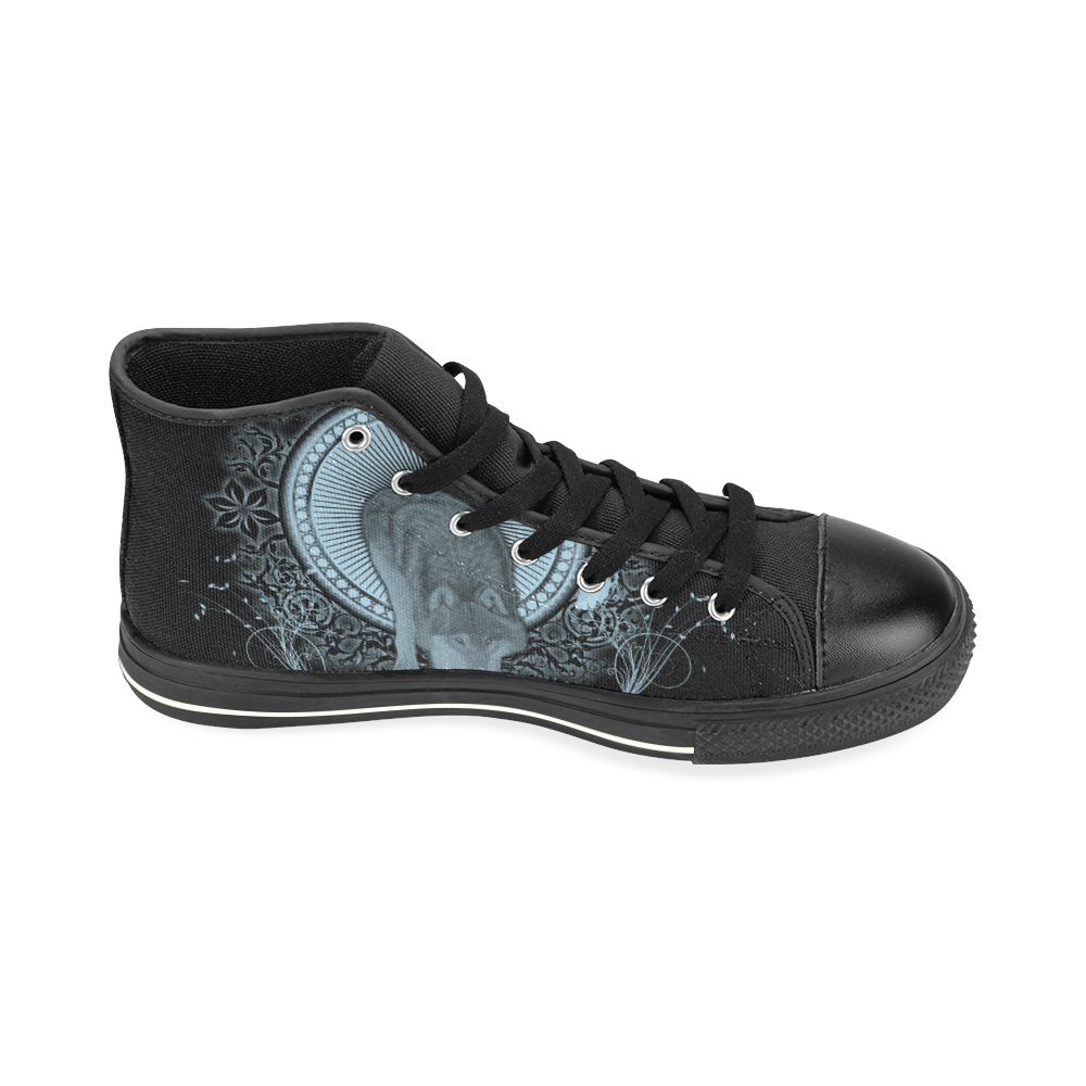 Wolf in black and blue High Top Canvas Shoes for Kid (Model 017)
