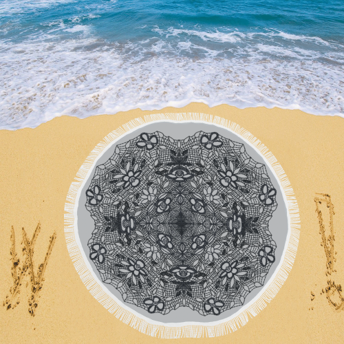 Black Crocheted Lace Mandala Pattern Circular Beach Shawl 59"x 59"