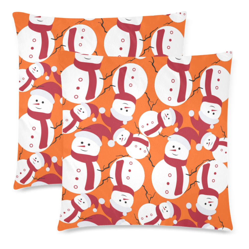Snowman CHRISTMAS Pattern ORANGE Custom Zippered Pillow Cases 18"x 18" (Twin Sides) (Set of 2)
