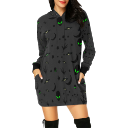 Alien Flying Saucers Stars Pattern on Charcoal All Over Print Hoodie Mini Dress (Model H27)