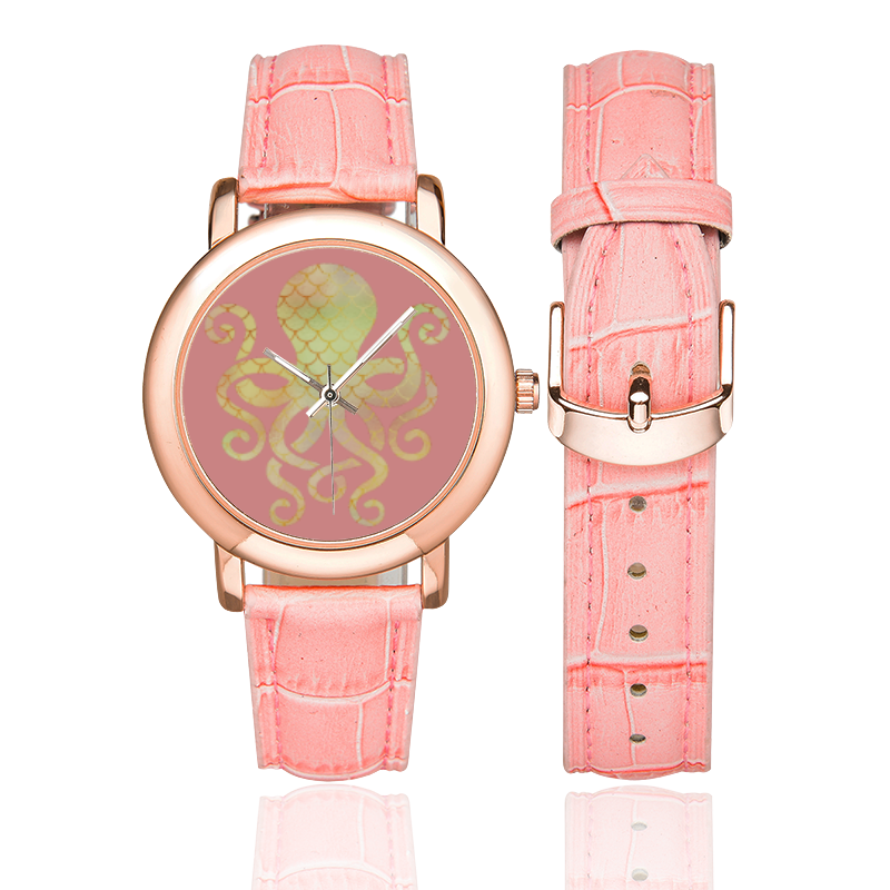 Frambosia Pink gradient octopus design by PiccoGrande Women's Rose Gold Leather Strap Watch(Model 201)
