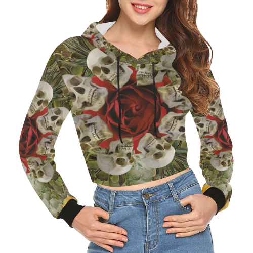 Western Skull All Over Print Crop Hoodie for Women (Model H22)