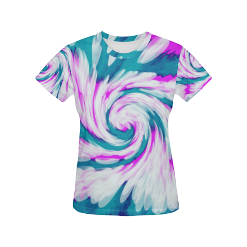 Turquoise Pink Tie Dye Swirl Abstract All Over Print T-Shirt for Women (USA Size) (Model T40)