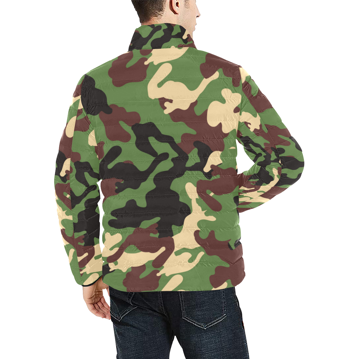 Camo Green Men's Stand Collar Padded Jacket (Model H41)
