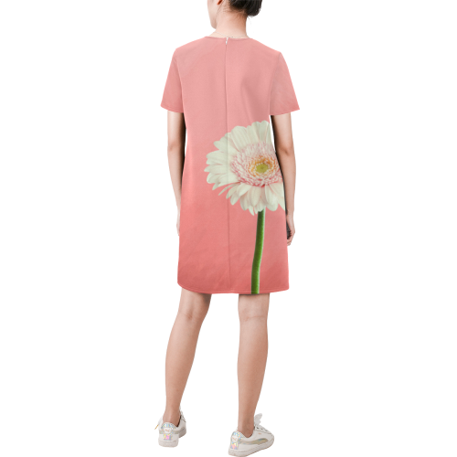Gerbera Daisy - White Flower on Coral Pink Short-Sleeve Round Neck A-Line Dress (Model D47)