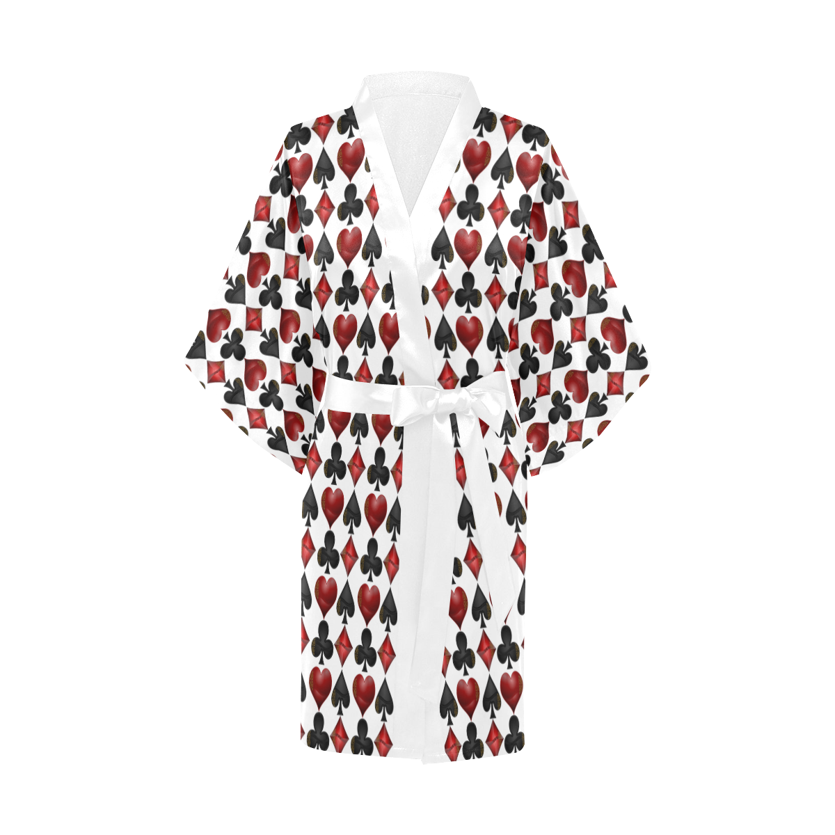 Las Vegas Black and Red Casino Poker Card Shapes on All White Kimono Robe
