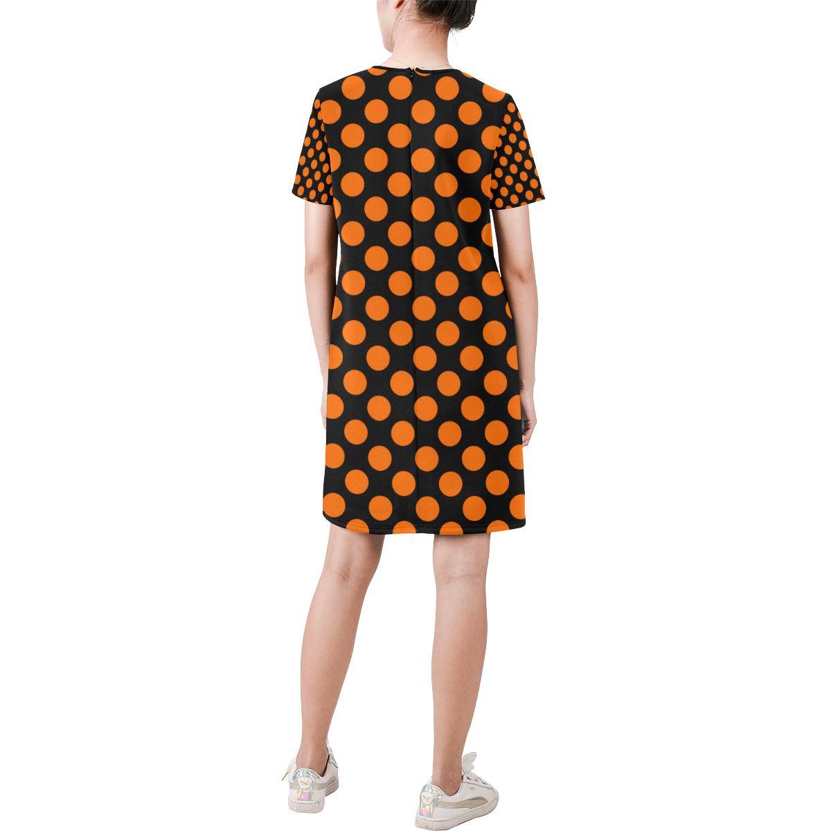 Orange Polka Dots on Black Short-Sleeve Round Neck A-Line Dress (Model D47)