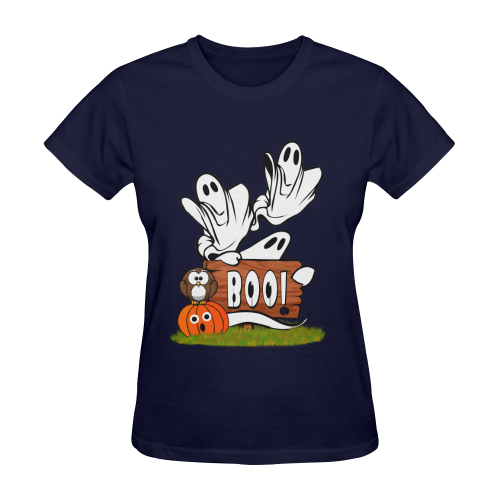 Halloween Ghosts, Owl and Pumpkin / Blue Sunny Women's T-shirt (Model T05)