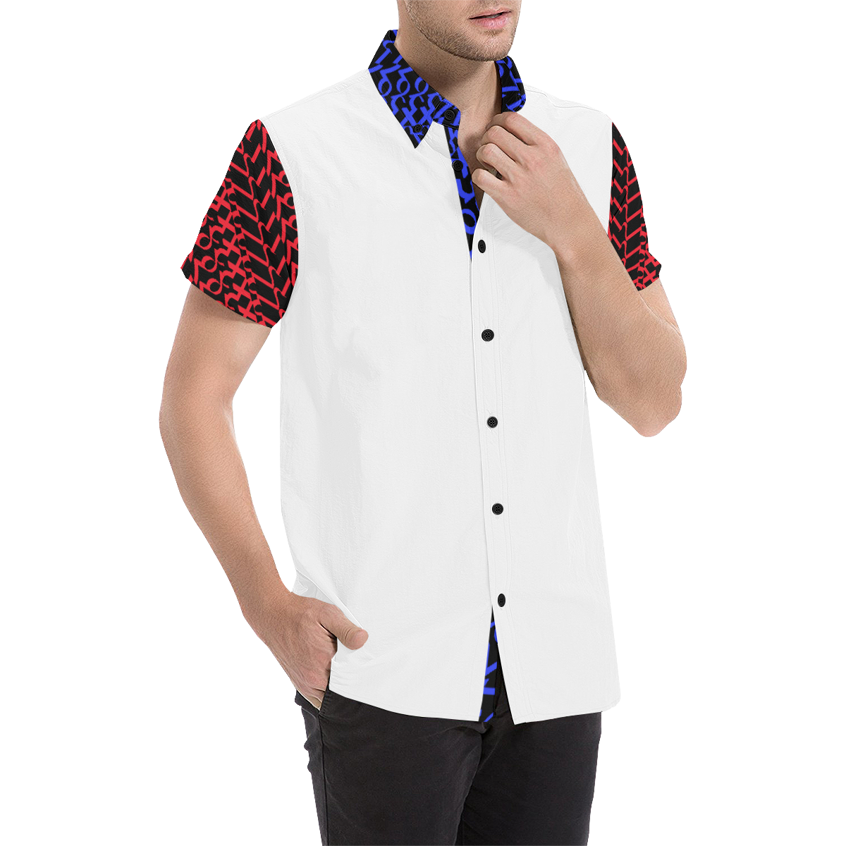NUMBERS Collection 1234567 "Reverse" White Split collar/sleeves Men's All Over Print Short Sleeve Shirt (Model T53)