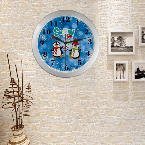 Snow Fun Penguins Silver Color Wall Clock