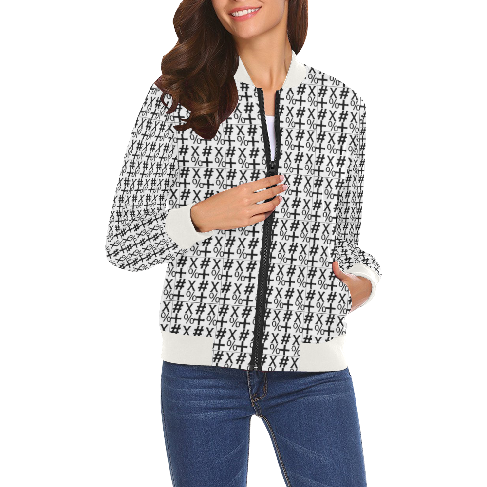 NUMBERS Collection Symbols White/Black All Over Print Bomber Jacket for Women (Model H19)
