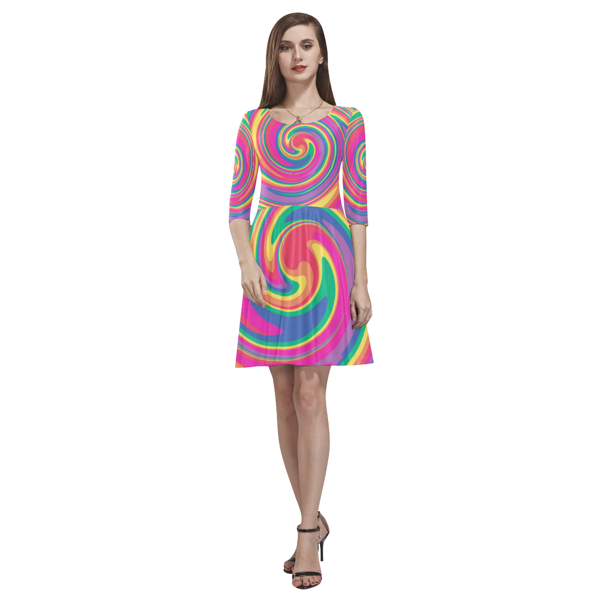 Rainbow Swirl Tethys Half-Sleeve Skater Dress(Model D20)