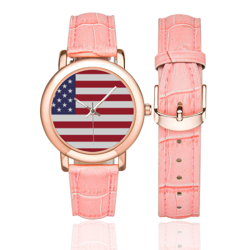 United States of America Flag Women's Rose Gold Leather Strap Watch(Model 201)