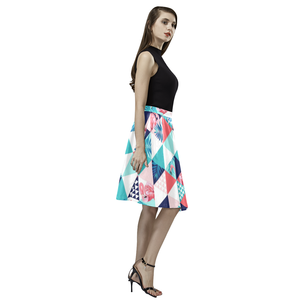Flamingo Triangle Pattern Melete Pleated Midi Skirt (Model D15)