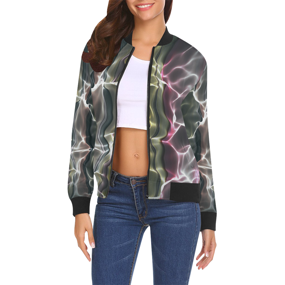 Abstract Wavy Mesh All Over Print Bomber Jacket for Women (Model H19)