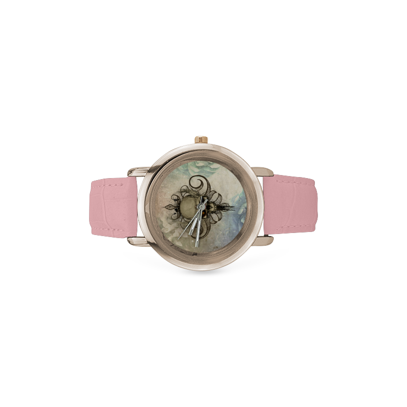 Creepy skull, vintage background Women's Rose Gold Leather Strap Watch(Model 201)