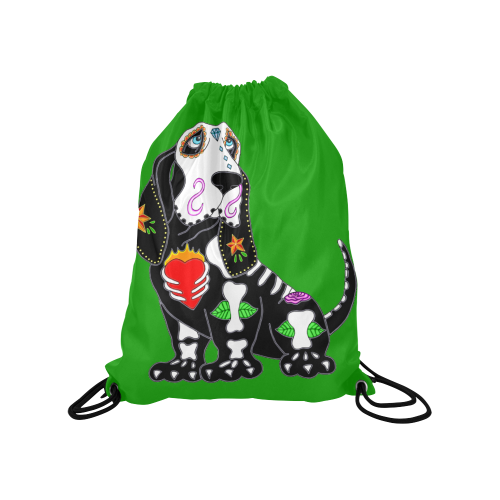 Basset Hound Sugar Skull Green Medium Drawstring Bag Model 1604 (Twin Sides) 13.8"(W) * 18.1"(H)