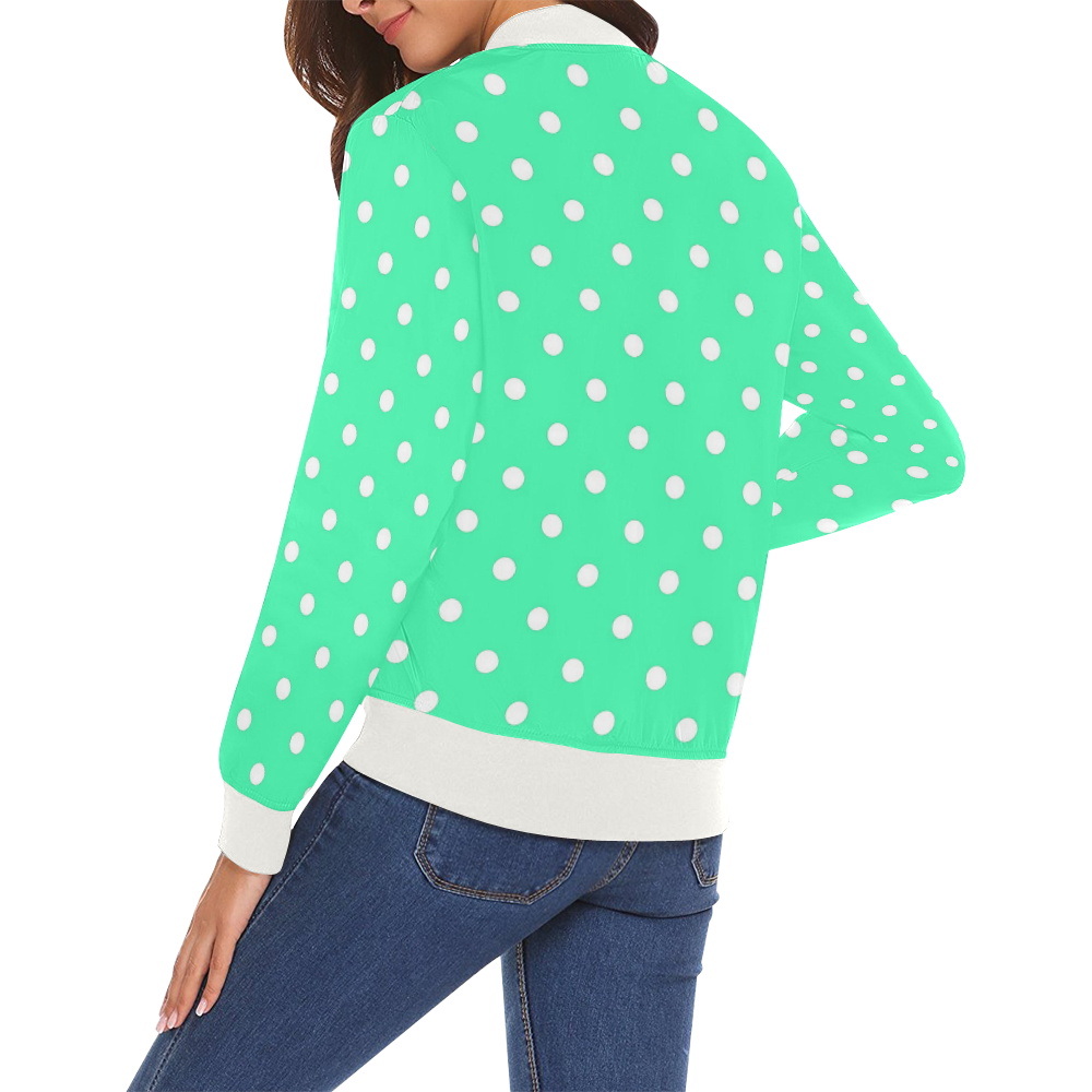 Mint Green White Dots All Over Print Bomber Jacket for Women (Model H19)