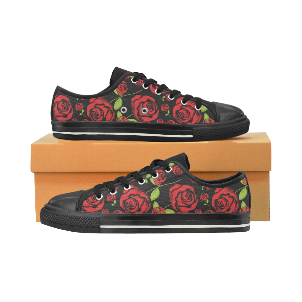 Red Roses on Black Women's Classic Canvas Shoes (Model 018)