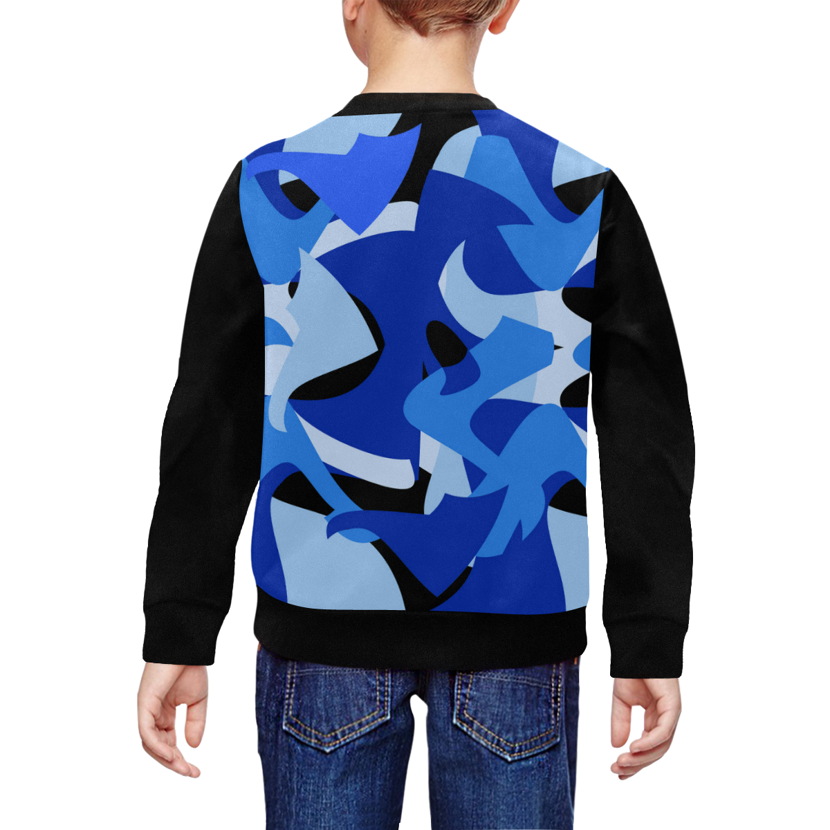 Camouflage Abstract Blue and Black (Vest Style) Black All Over Print Crewneck Sweatshirt for Kids (Model H29)