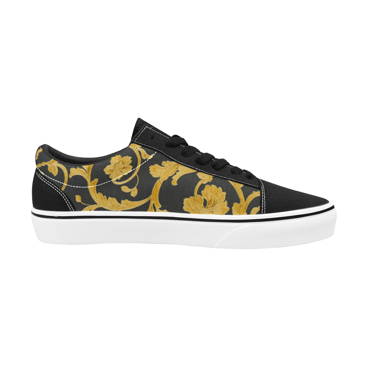Cashmere Italian Floral print Black And Gold Women's Low Top Skateboarding Shoes/Large (Model E001-2)