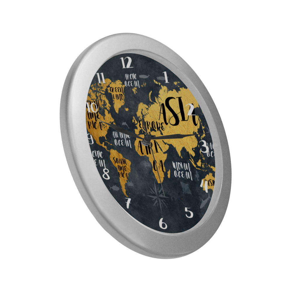 world map watch 3 Silver Color Wall Clock