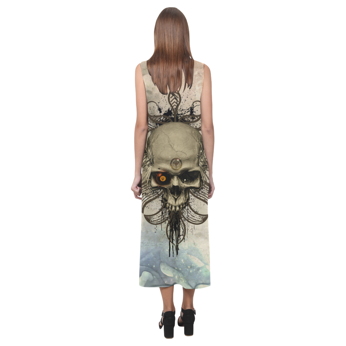 Creepy skull, vintage background Phaedra Sleeveless Open Fork Long Dress (Model D08)