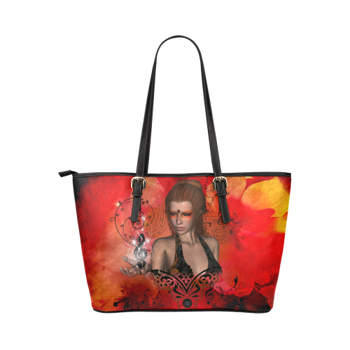 Fairy with clef Leather Tote Bag/Large (Model 1651)