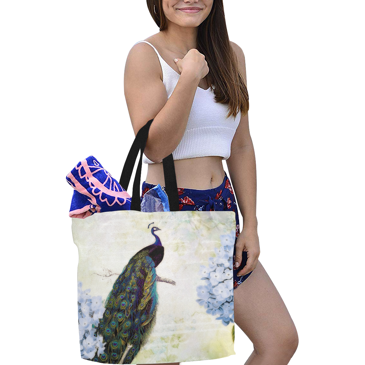 blue peacock and hydrangea All Over Print Canvas Tote Bag/Large (Model 1699)