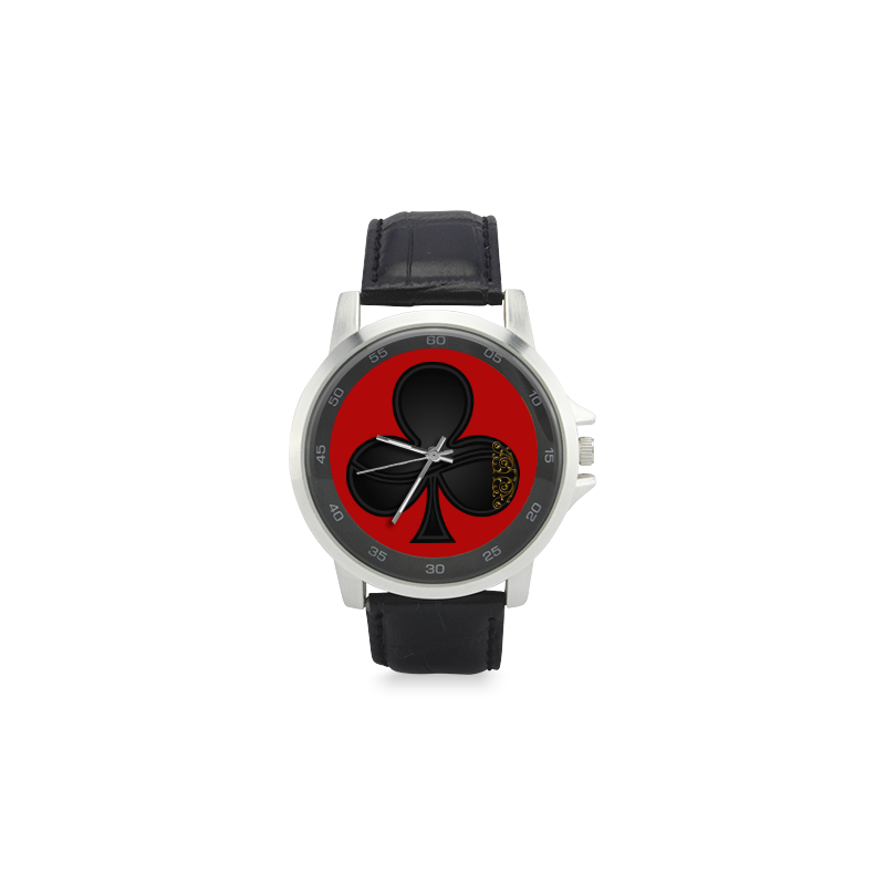 Club Las Vegas Symbol Playing Card Shape on Red Unisex Stainless Steel Leather Strap Watch(Model 202)