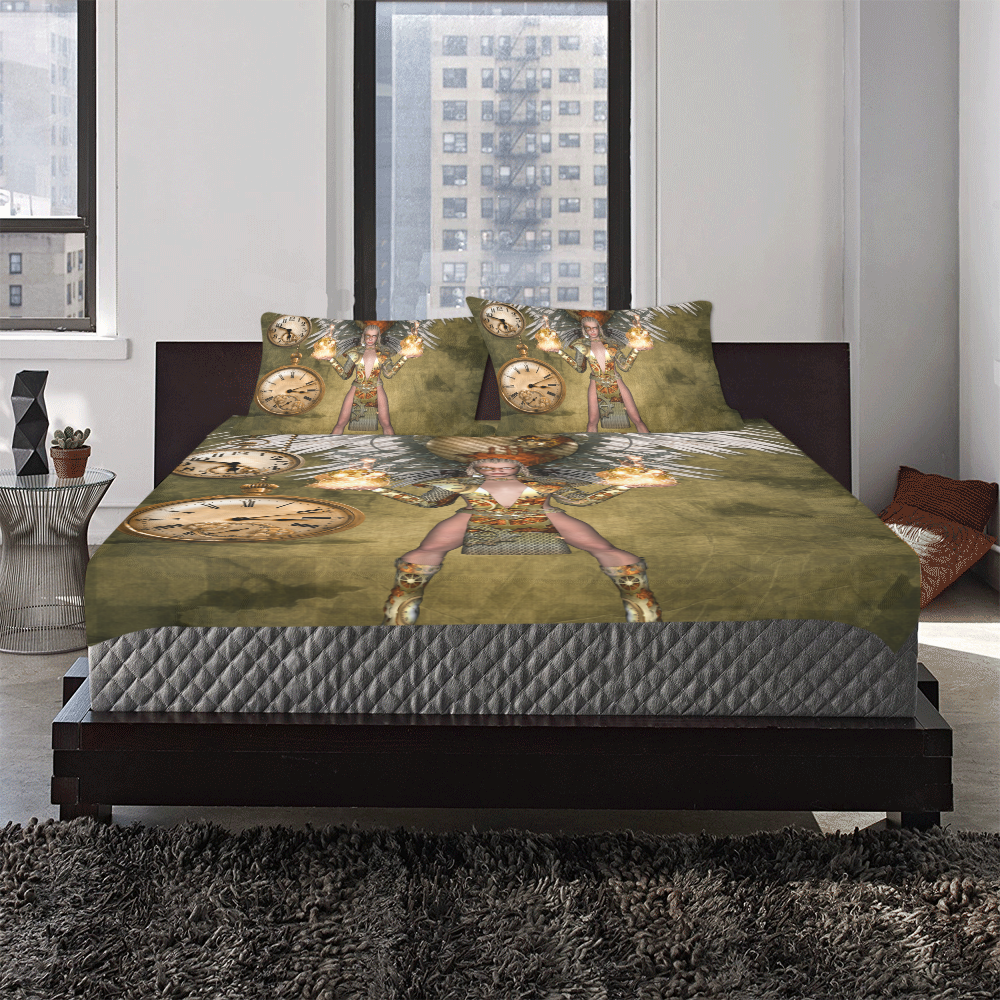 Steampunk lady with clocks and gears 3-Piece Bedding Set