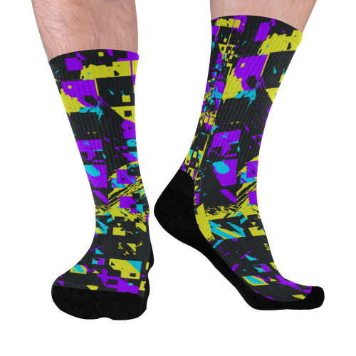 Purple yelllow squares Mid-Calf Socks (Black Sole)