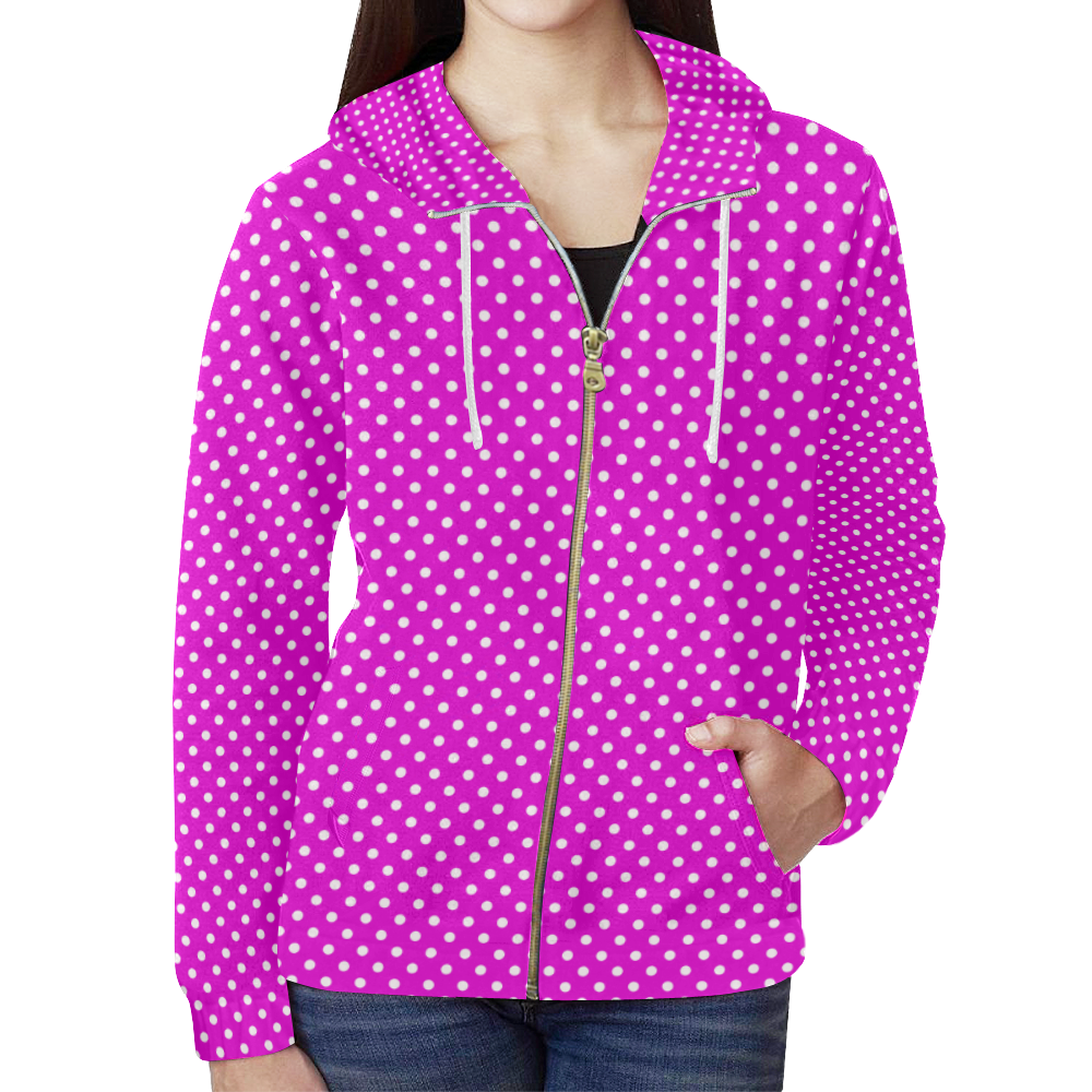 Pink polka dots All Over Print Full Zip Hoodie for Women (Model H14)