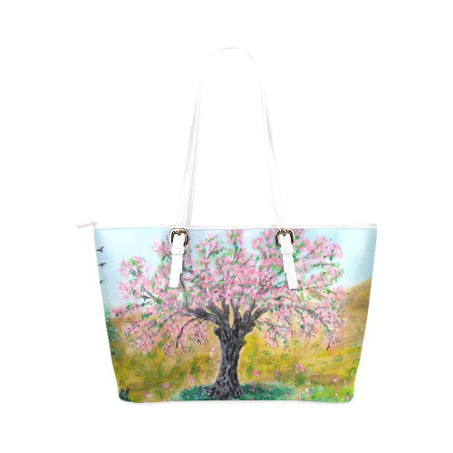 PINK ALMOND TREE Leather Tote Bag/Large (Model 1651)