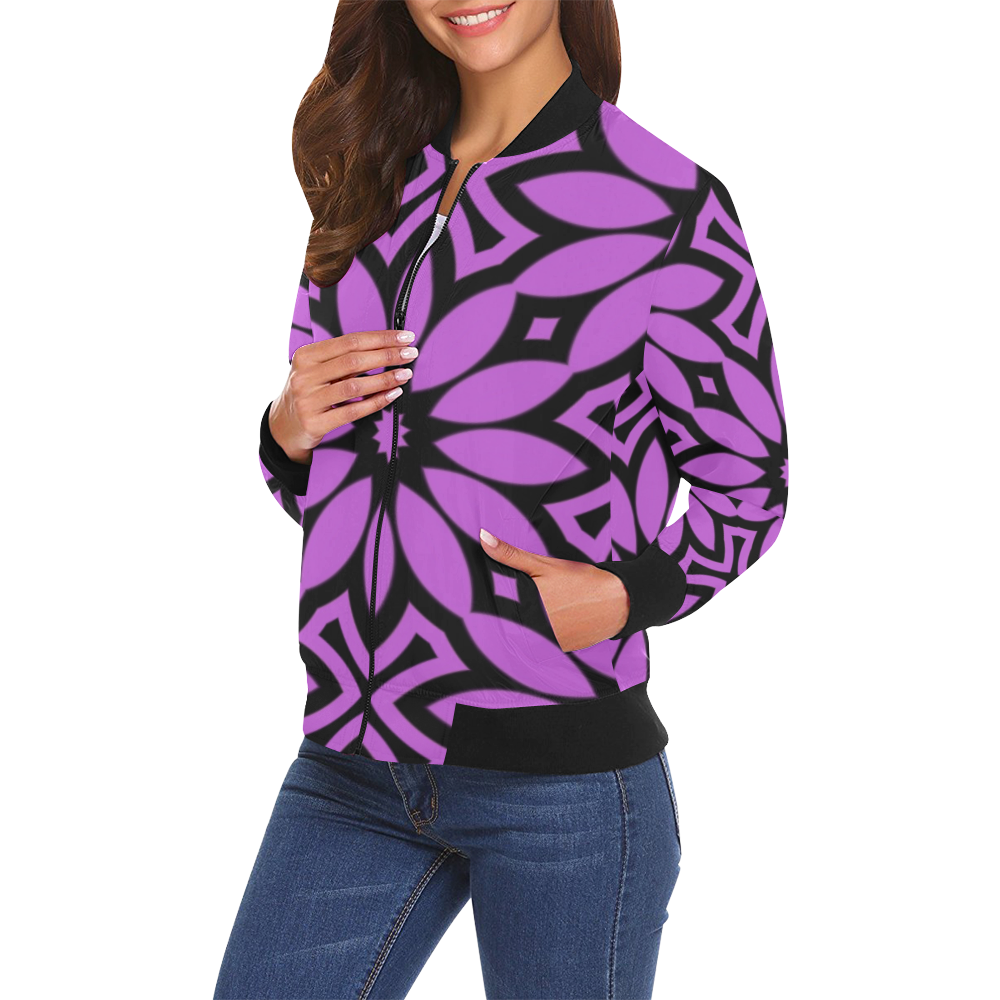 Purple/Black Flowery Pattern All Over Print Bomber Jacket for Women (Model H19)