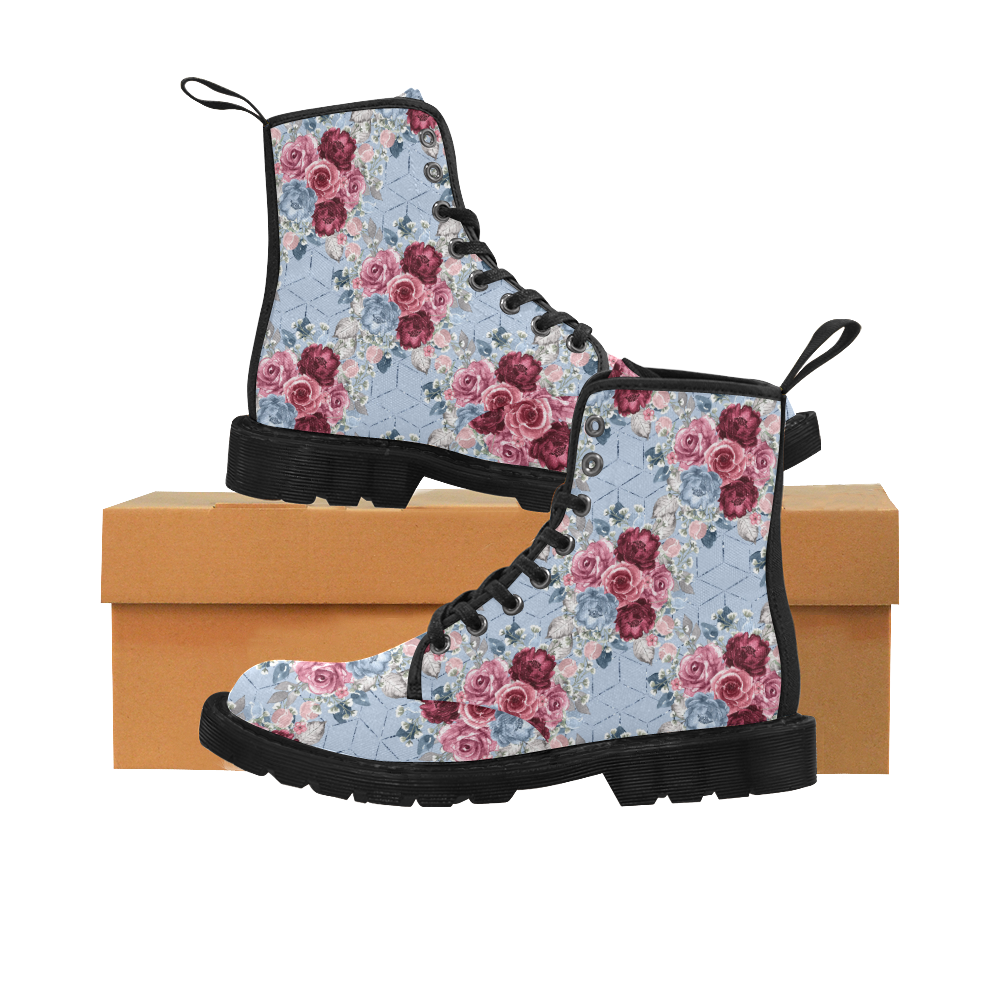 Floral Blue Boots, Burgundy Flowers Martin Boots for Women (Black) (Model 1203H)